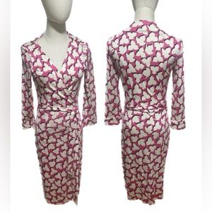 Diane Von Furstenberg Pink and White Printed Wrap Midi Dress